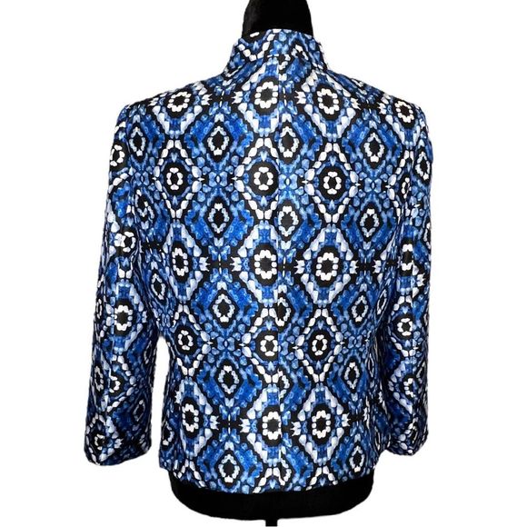 Kasper Cabana Blue Black & White Ikat Open Front Mandarin Collar Blazer Size 8 - Picture 9 of 10